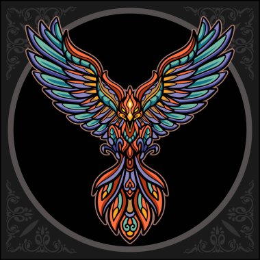 Renkli Anka kuşu mandala sanatı, siyah arka planda izole edilmiş.