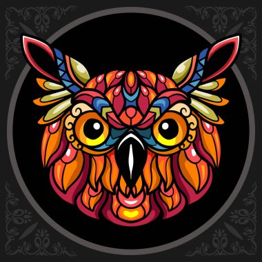 Renkli baykuş baş mandala sanatı, siyah arkaplanda izole