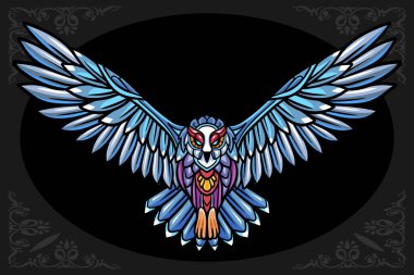 Renkli Baykuş mandala sanatı, siyah arka planda izole.