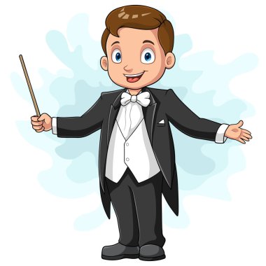 Cartoon boy conductor directing with baton clipart