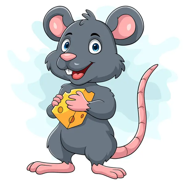 Cartoon Mouse Holding Slice Cheese — Stock Vector