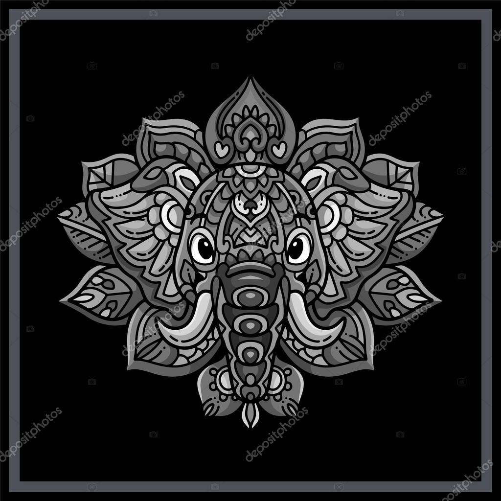 Monochrome Elephant head mandala arts isolated on white background
