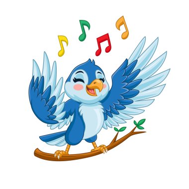 Çizgi film mavi kuş ağaç dalında ötüyor