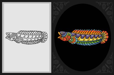 Renkli Channa aurantimaculata balık zentangle sanatı siyah ve beyaz arka planda izole edilmiş çizim