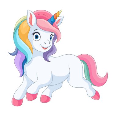 Güzel tek boynuzlu at çizgi filmi beyaz arka planda izole edilmiş.