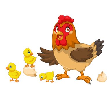 Çizgi film tavuğu yeni doğmuş yavrularıyla poz veriyor.