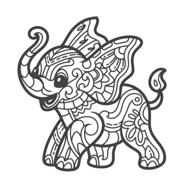 Beyaz arka planda siyah beyaz fil mandala sanatları izole edilmiştir.