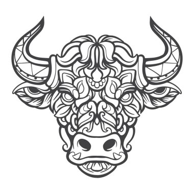 Siyah ve beyaz boğa mandala sanatları beyaz arka planda izole edilmiştir.