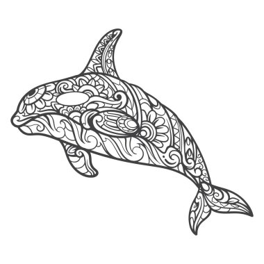 Beyaz arkaplanda izole edilmiş Orca mandala sanatları ana hatları