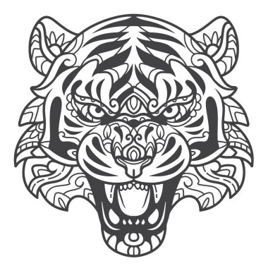 Beyaz arka planda izole edilmiş kaplan baş mandala sanatı