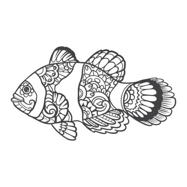 Palyaço balığı. Beyaz arka planda izole edilmiş mandala sanatı.
