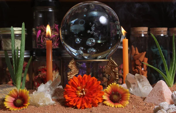 Crystal Ball Candles Chakra Stones Australian Red Sand Meditation Altar — стокове фото