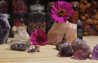Amethyst Crystals With Flowers and Incense Cone on Meditation Altar