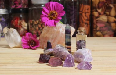 Amethyst Crystals With Flowers and Incense Cone on Meditation Altar