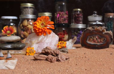 Chakra Stones on Australian Red Sand With Agatized Coral in Background Shallow DOF