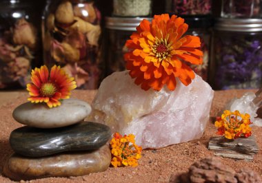 Denge Taşları ve Gül Kuvars Avustralya Kızıl Kum 'unda Çiçekli