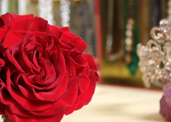 Rose Tiara Parfémem Šperky Pozadí Mělké Dof — Stock fotografie