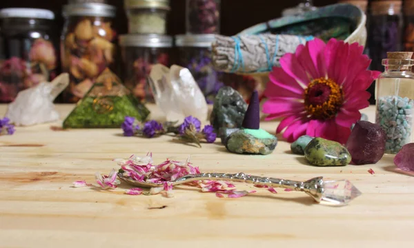 Flores Secas Pedras Cristal Chakra Meditação Altar Raso Dof — Fotografia de Stock