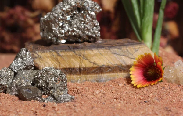 Fiore Con Rocce Cristalli Pirite Sulla Sabbia Rossa Australiana — Foto Stock