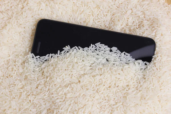 Smartphone Bowl White Rice Remove Water Mositure Phone — Stock Photo, Image