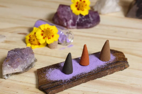 stock image Incense Cones on Stone Slab With Rock Crystals and Flowers