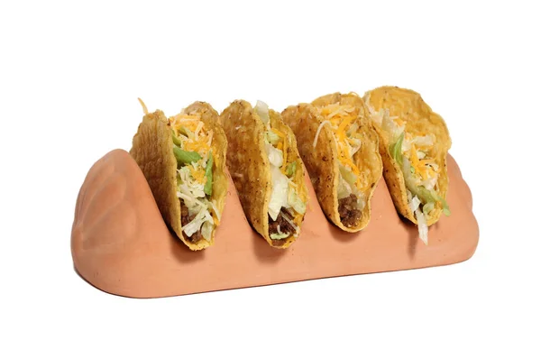 Terracotta Taco Houder Met Vier Knapperige Taco Witte Achtergrond — Stockfoto