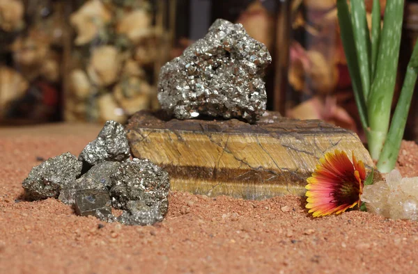 Flower Pyrite Rocks Crystals Australian Red Sand — Stock Photo, Image