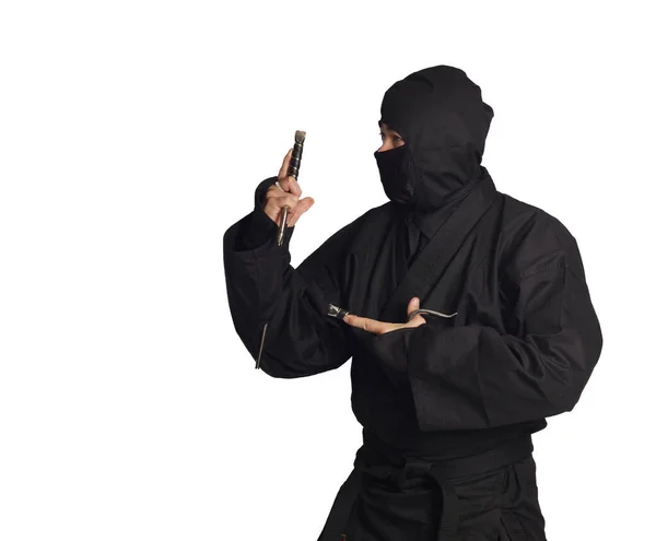 Asiático Hombre Usando Ninja Artes Marciales Uniforme Aislado Blanco Fondo — Foto de Stock