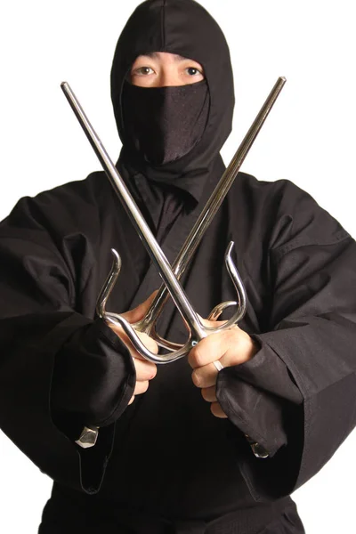 Asiático Hombre Usando Ninja Artes Marciales Uniforme Aislado Blanco Fondo —  Fotos de Stock