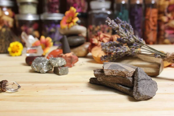stock image Ancient Native American Pottery Pieces With Crystals and Flowers on Meditation Altar