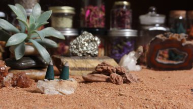 Aragonite Crystal With Incense Cones on Australian Red Sand