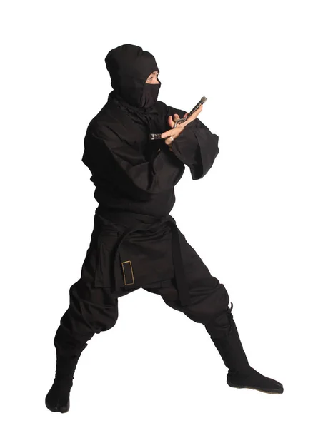 Ázsiai Férfi Viselő Ninja Harcművészeti Egyenruha Elszigetelt Fehér Háttér — Stock Fotó