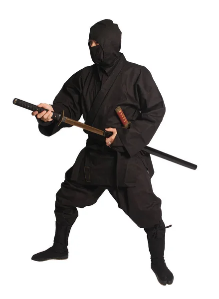 Asian Man Wearing Ninja Martial Arts Uniform Isolated White Background — Stock Photo, Image