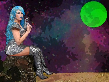 Mavi saçlı uzaylı bebek ve yeşil ay tutan ışın tabancası