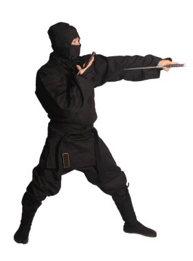 Ninja Dövüş Sanatları Üniforması Giyen Asyalı Adam Beyaz Arkaplanda İzole Edildi