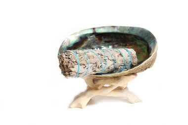 Abalone Shell With Sage Incense For Cleansing and Purification Isolated on White Background
