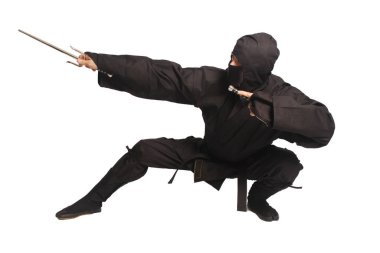 Ninja Dövüş Sanatları Üniforması Giyen Asyalı Adam Beyaz Arkaplanda İzole Edildi