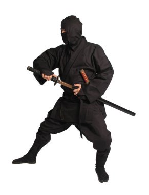 Ninja Dövüş Sanatları Üniforması Giyen Asyalı Adam Beyaz Arkaplanda İzole Edildi