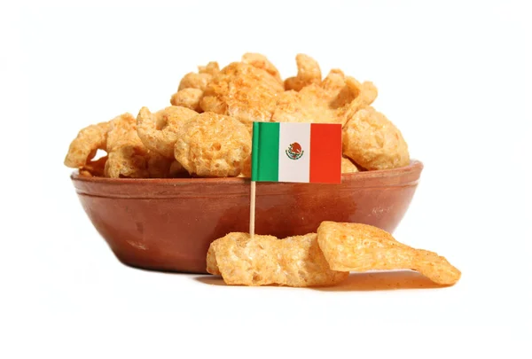 Bowl Fried Pork Skins Flag Mexico White Background — Stockfoto