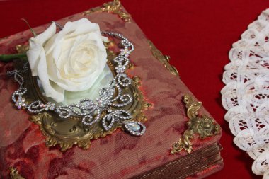 Kristal Elmas Kolyeli Kırmızı Antik Kitap Üzerine Beyaz Gül