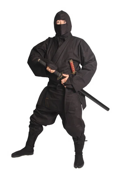 Aziatische Man Dragen Ninja Vechtsport Uniform Geïsoleerd Witte Achtergrond — Stockfoto