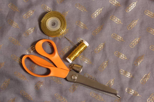 Spool Metallic Gold Thread Gray Gold Fabric — Stock Fotó