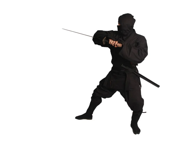 Asiático Hombre Usando Ninja Artes Marciales Uniforme Aislado Blanco Fondo — Foto de Stock