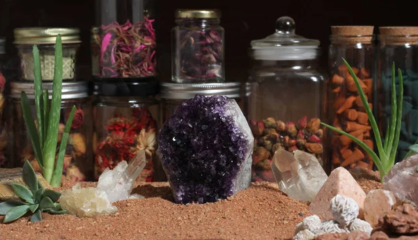 Amethyst Crystals Chakra Stones Australian Red Sand Meditation Altar — Stock Photo, Image