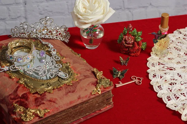Crystal Rhinestone Jewelry on Victorian Era Book