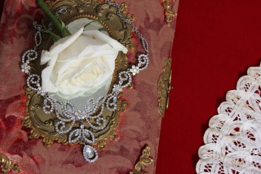 Kristal Elmas Kolyeli Kırmızı Antik Kitap Üzerine Beyaz Gül