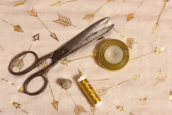 Spool Gold Thread Scissors Thimble Metallic Chiffon Fabric — ストック写真