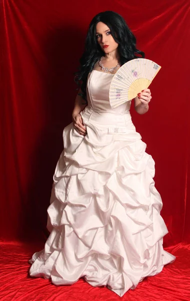 Mulher Vestindo Cetim Espartilho Estilo Vestido Baile Vestido Casamento Fundo — Fotografia de Stock