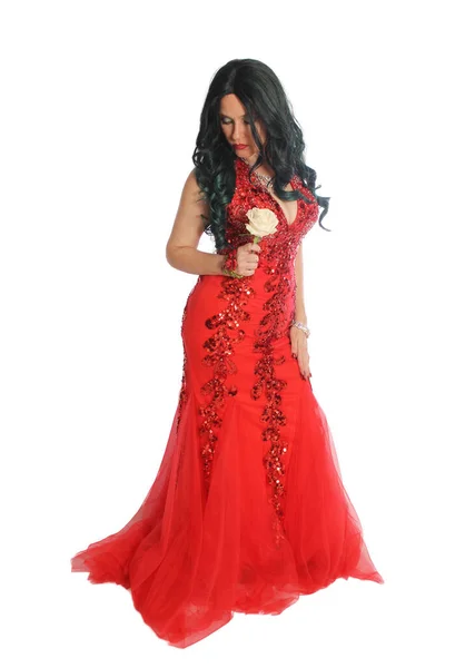 Mujer Usando Formal Vestido Sirena Roja Estilo Con Fondo Rosa —  Fotos de Stock