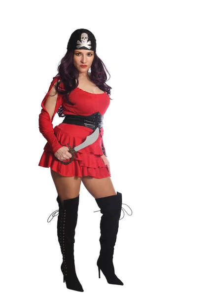 Woman Wearing Red Pirate Costume Isolated White — Photo